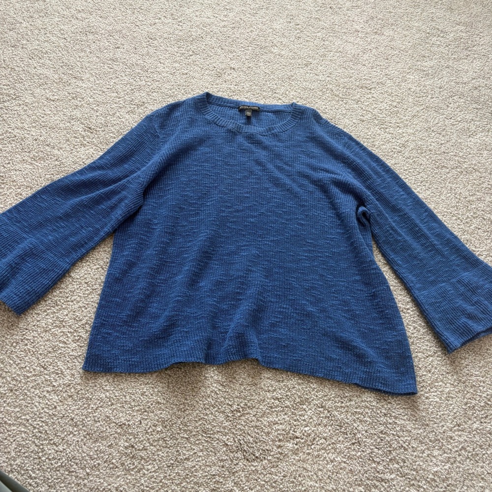 Eileen Fisher Linen Cotton Slub Sweater Womens S Blue Bell‎ Sleeve Lagenlook